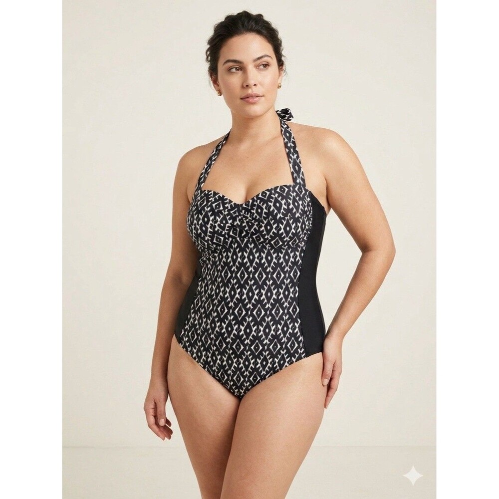 Retro Boho Ikat Merona One Piece Swimsuit Tummy Control Halter XL